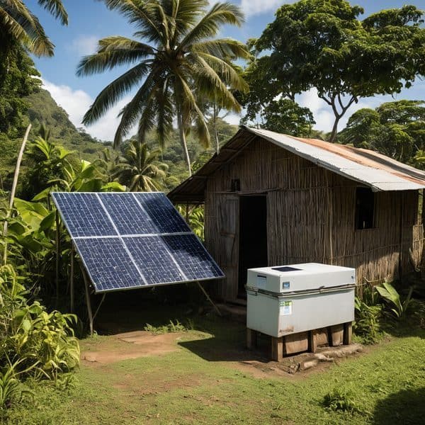 Solar panel and battery setup outside a traditional wooden house in Fiji.