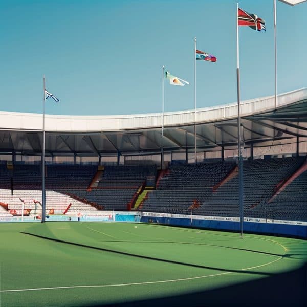 Fiji stadium with flag poles and empty seating area, ready for sports events.