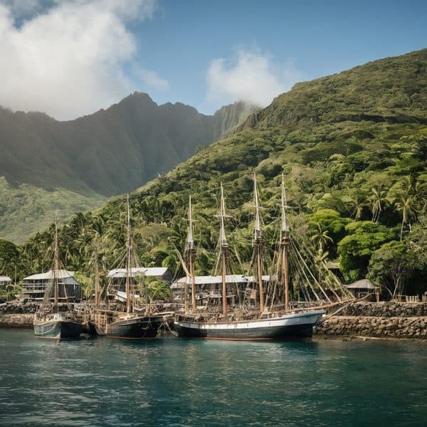 Fiji harbor featuring traditional sailboats against lush green mountains and a small village shoreli.