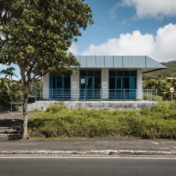 Office building in Fiji with blue accents and large windows.