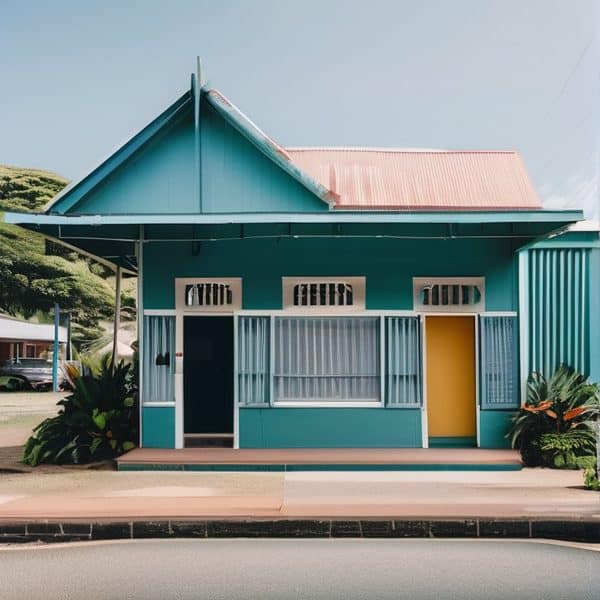 Bright blue house with yellow door and white window frames in Fiji.