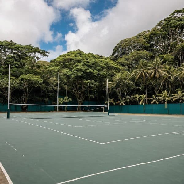 Tennis court with lush tropical trees and greenery in the background, under a partly cloudy sky.