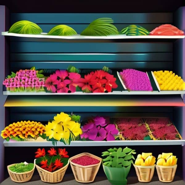 Colorful fresh flowers arranged on shelves for sale.