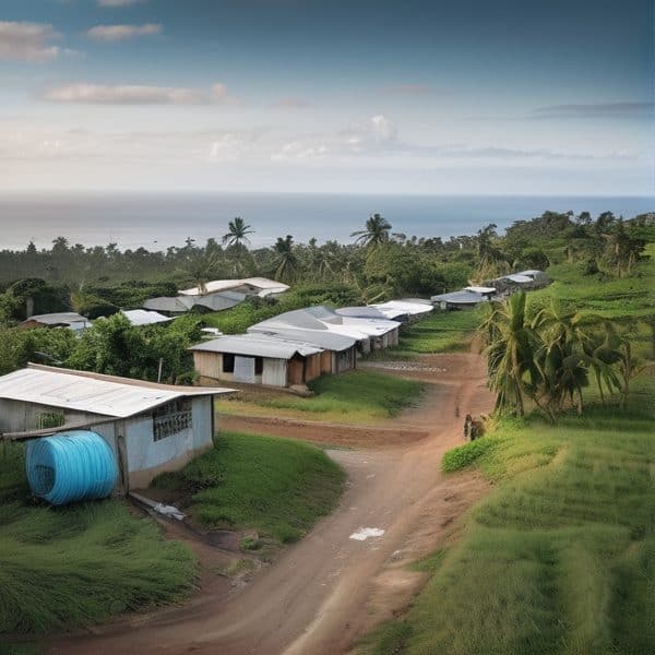 Ocean view village in Fiji with traditional homes and lush greenery.