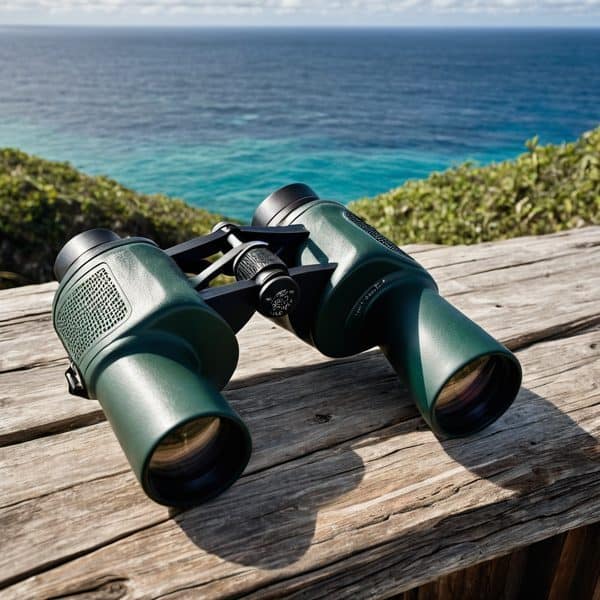 Binoculars on wooden surface with ocean and greenery in background.