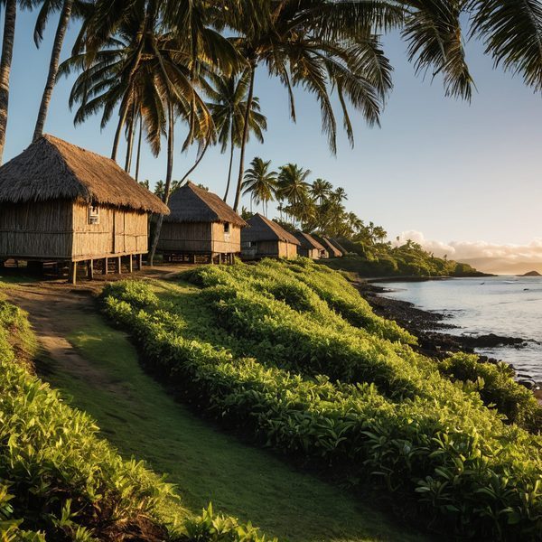 Scenic view of traditional Fiji beachside bungalows with palm trees and ocean backdrop.