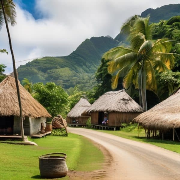 Fijian village scene with thatched huts, palm trees, and vibrant greenery in a tropical setting.