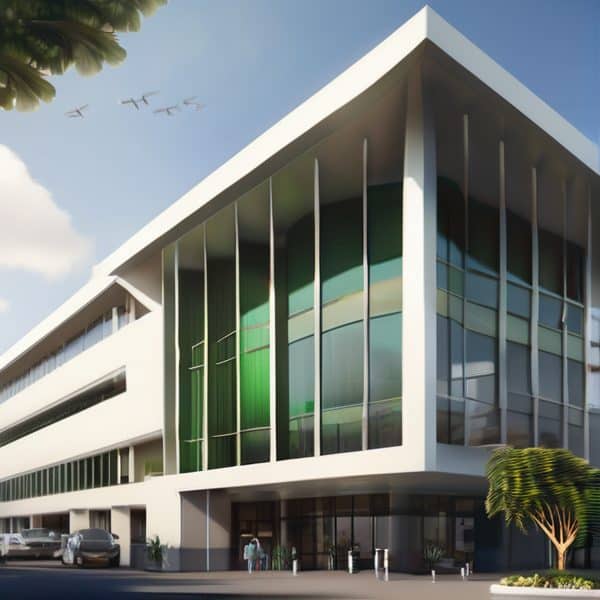 Fiji modern commercial building with glass exterior and contemporary architecture.