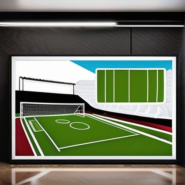 Soccer field illustration with goal, markings, and stadium background.