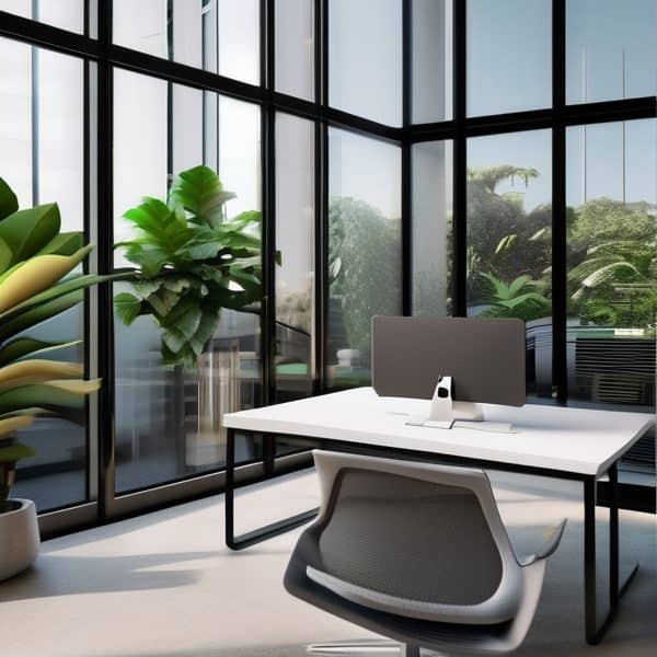 Office workspace with large glass windows and indoor plants.