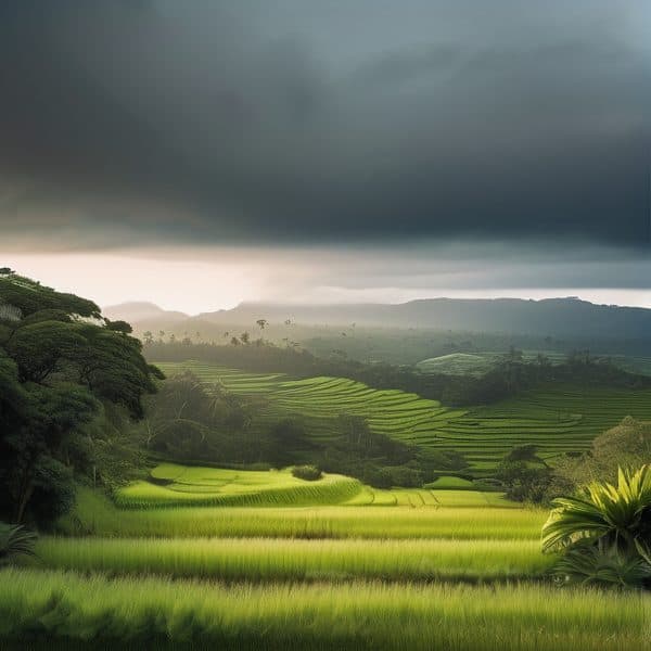 Lush green terraced rice fields under dark stormy clouds in Fiji.
