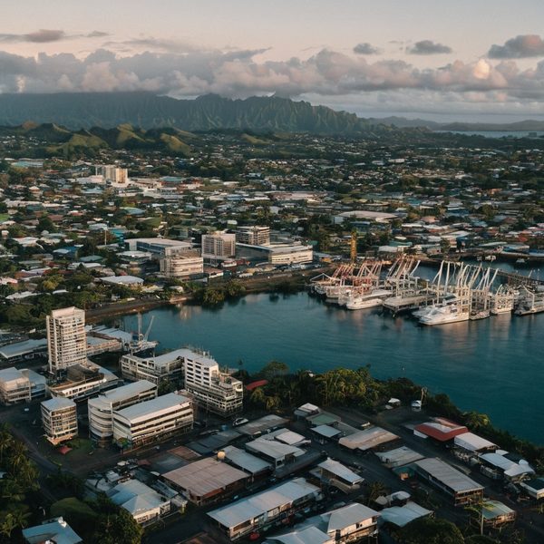 Fiji harbor with city skyline and mountains in the background during sunset.