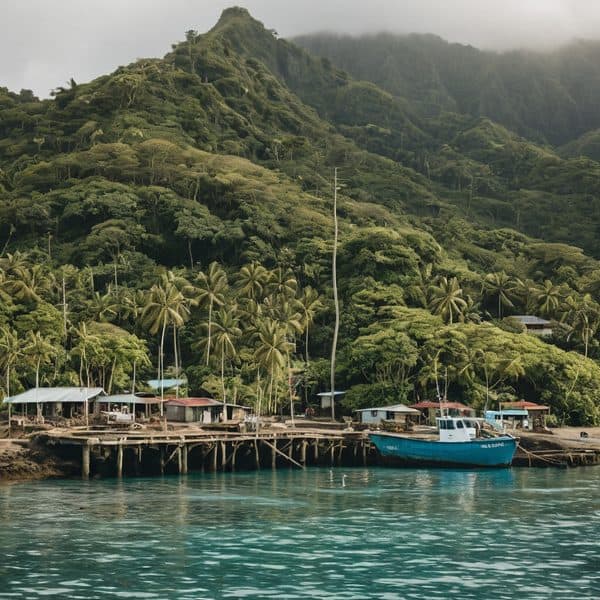 Tropical coastal village with lush green mountains, palm trees, and boats docked at the pier in Fiji.