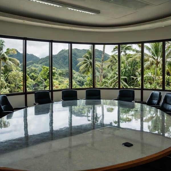 Meeting room with large windows overlooking lush tropical landscape in Fiji.
