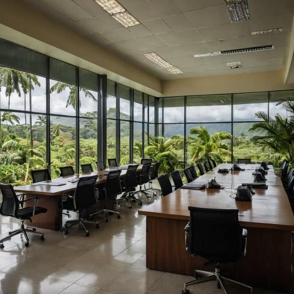 Conference room with panoramic views of greenery and mountains in Fiji.