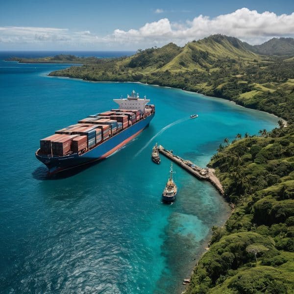 Cargo ship with containers in a tropical bay surrounded by lush green hills and clear blue waters.