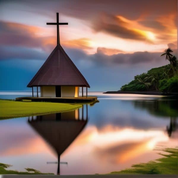 Church on the water with sunset sky and tropical trees.