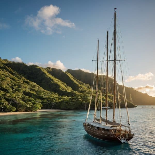 Sailboat anchored near tropical island with green hills and clear blue waters.