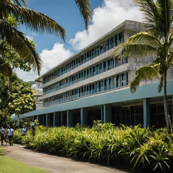 Modern office building in Fiji with tropical landscaping.