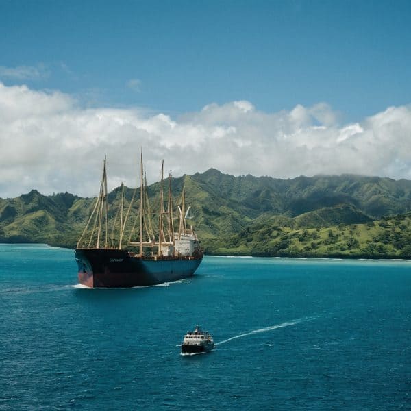 Traditional sailing ship sailing near lush Fijian islands with mountains in the background.