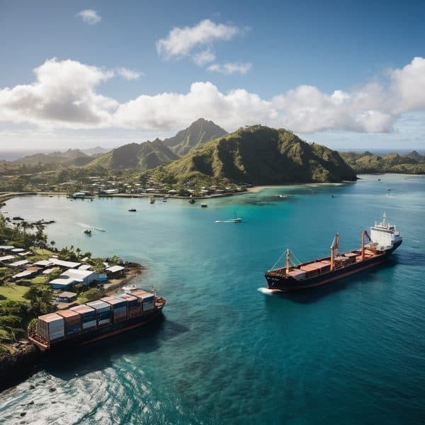 Scenic view of Fiji island coast with ships and lush mountains.