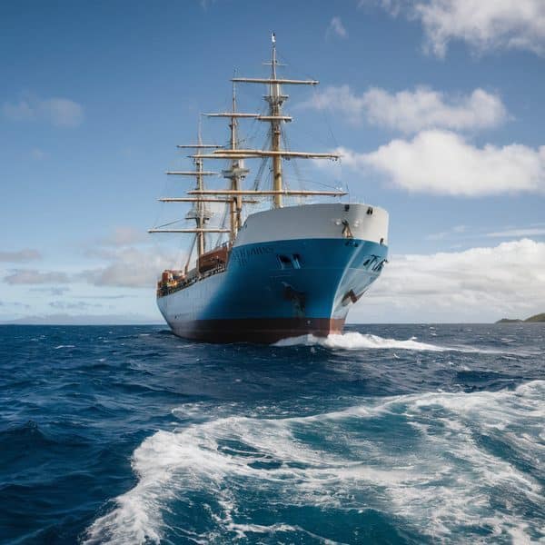 Sailing ship with tall masts navigating the open ocean under a partly cloudy sky.