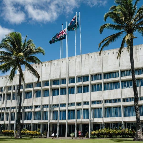 Fiji government building with flags and palm trees under blue sky.