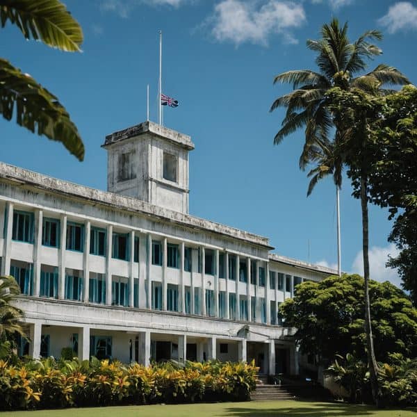 Historic Fiji government building with tropical trees and blue sky.