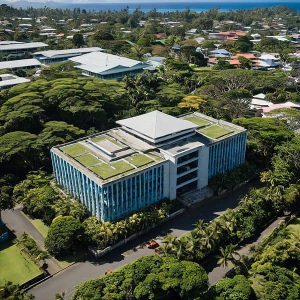 Modern office building in lush tropical setting.