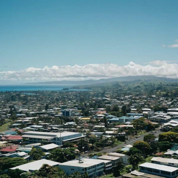 Aerial view of a coastal town in Fiji with buildings, greenery, and the ocean in the background.
