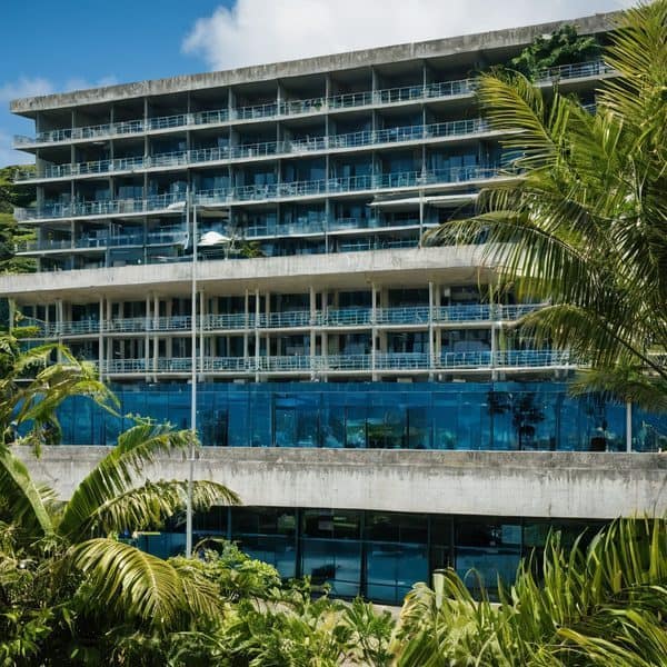 Hotel with glass balconies and lush tropical greenery in Fiji.