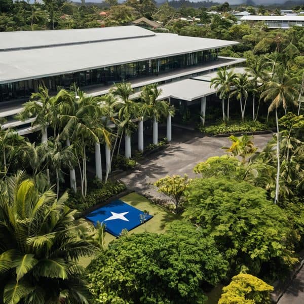 Resort surrounded by tropical trees and a pool with a star design.