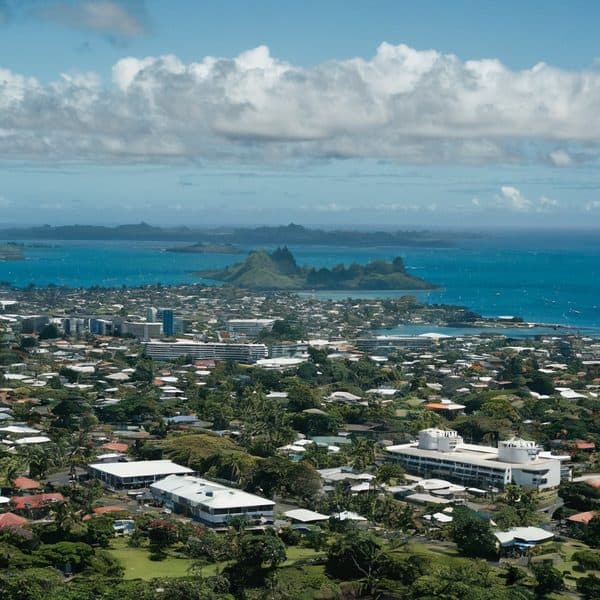 Fiji coastal cityscape featuring lush greenery, modern buildings, and ocean in the background.