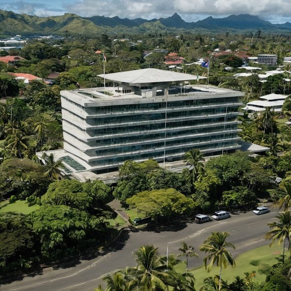 Modern Fiji government office building surrounded by lush greenery.