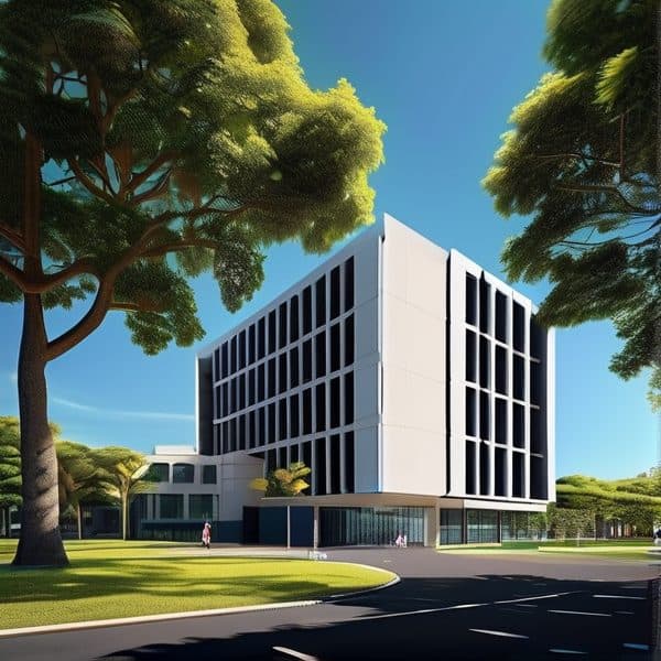 Office building with glass windows and green landscape.