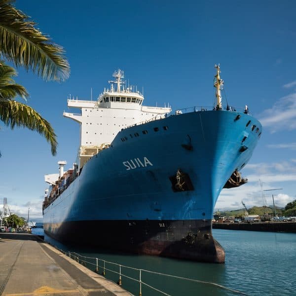 Ship docked at port with palm trees in the background.