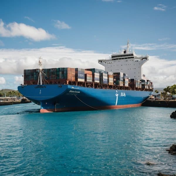 Cargo ship docked at Fijian port with containers on deck.
