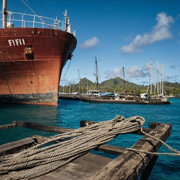 Large cargo ship docked at Fiji harbor with sailboats nearby.