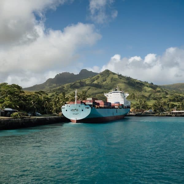 Cargo ship docked at port with lush green mountains in the background, Fiji.