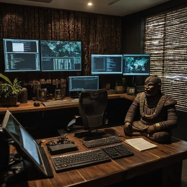 Office workspace with multiple monitors displaying data and a traditional wooden sculpture.