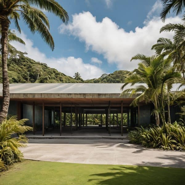 Modern tropical resort entrance surrounded by lush greenery and palm trees in Fiji.