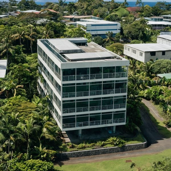 Office building in lush tropical setting, Fiji.