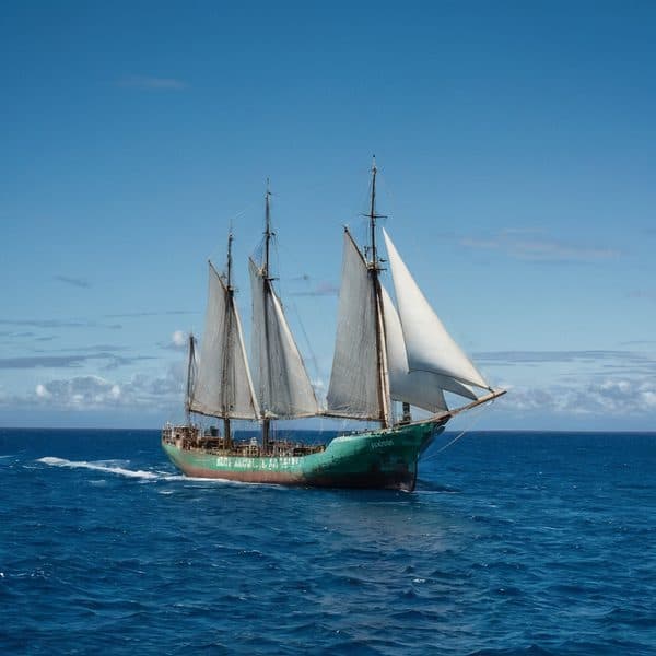 A large sailing ship with multiple masts navigating the open sea under a clear blue sky.