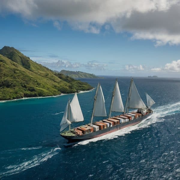 Sailing ship with multiple sails navigating through vibrant blue ocean near lush green islands.