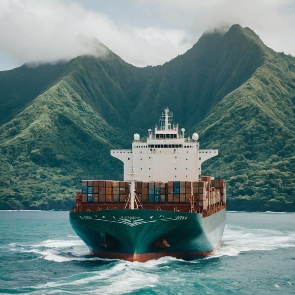 Cargo ship sailing in lush green island waters with mountainous backdrop.