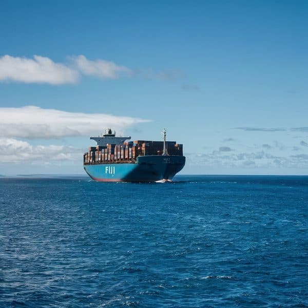 Cargo ship sailing in open ocean near Fiji.