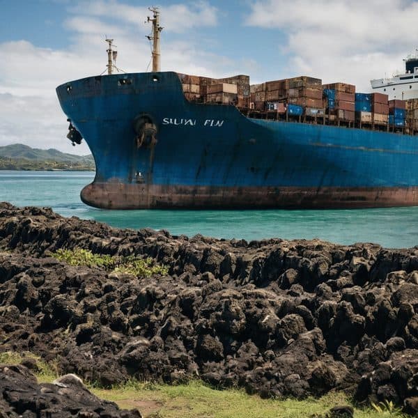 Cargo ship anchored near rocky shoreline in Fiji.