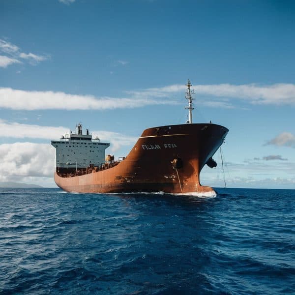 Cargo ship sailing on the ocean with clear blue sky and calm waters.