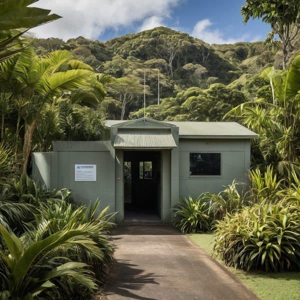 Modern FijiGlobalNews office surrounded by tropical greenery.