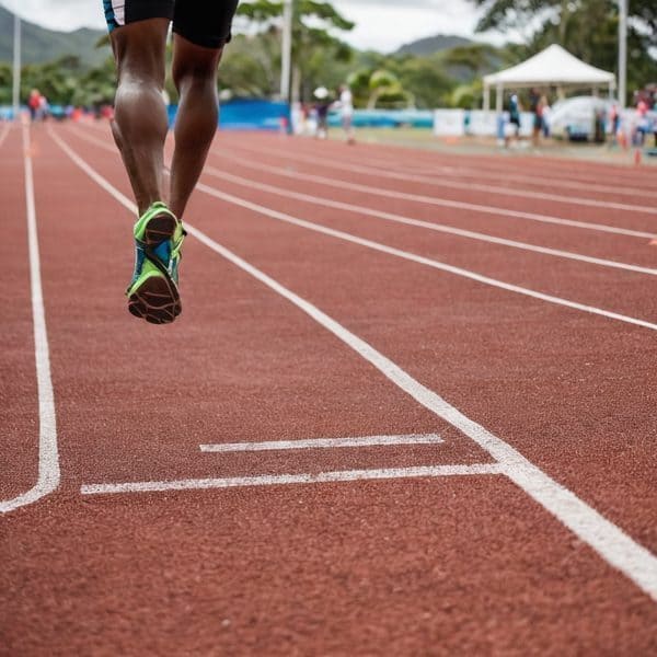 Athlete's legs and running shoes on a red track during a race.